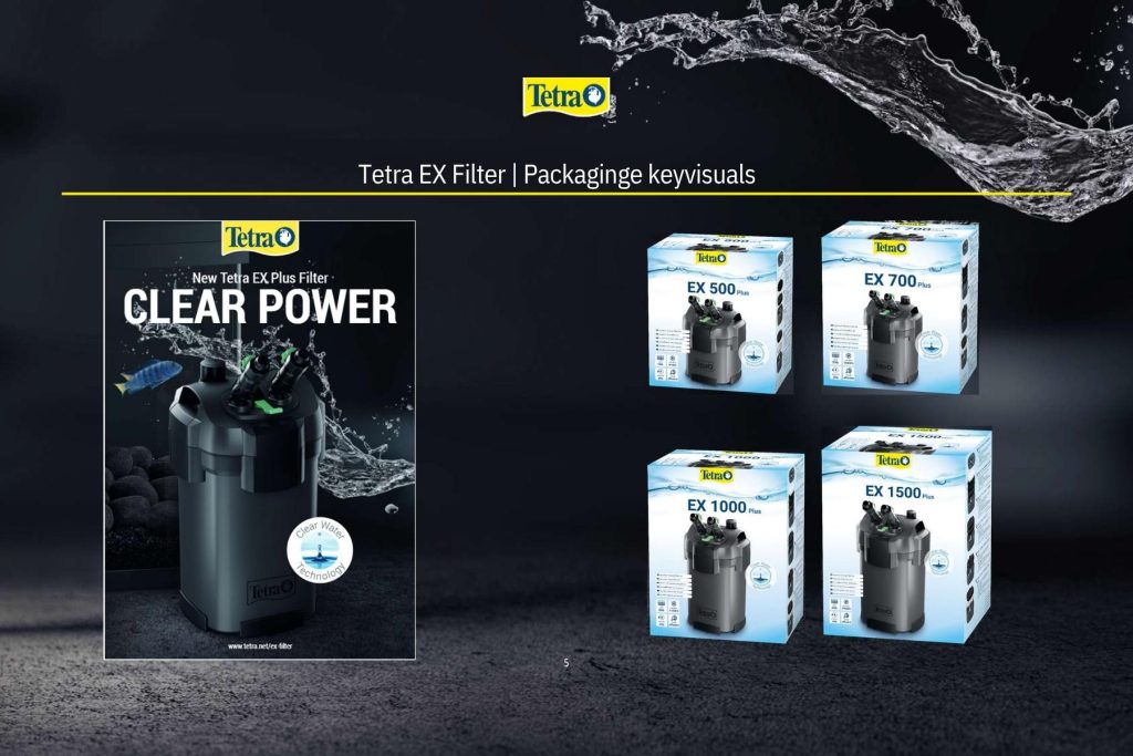 Packaging della gamma Tetra EX Plus con i modelli EX 500, EX 700, EX 1000 e EX 1500, presentazione “Clear Power” e tecnologia Clear Water per acqua limpida e stabile.