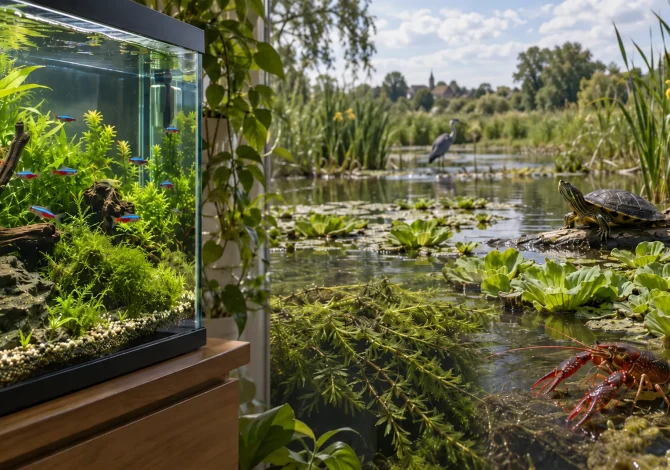 Acquario tropicale e palude al sole